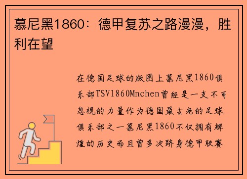 慕尼黑1860：德甲复苏之路漫漫，胜利在望