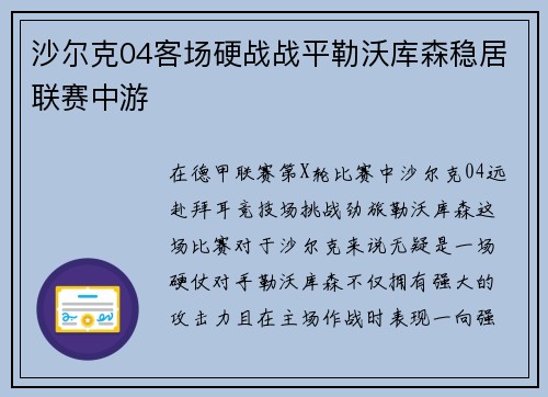 沙尔克04客场硬战战平勒沃库森稳居联赛中游